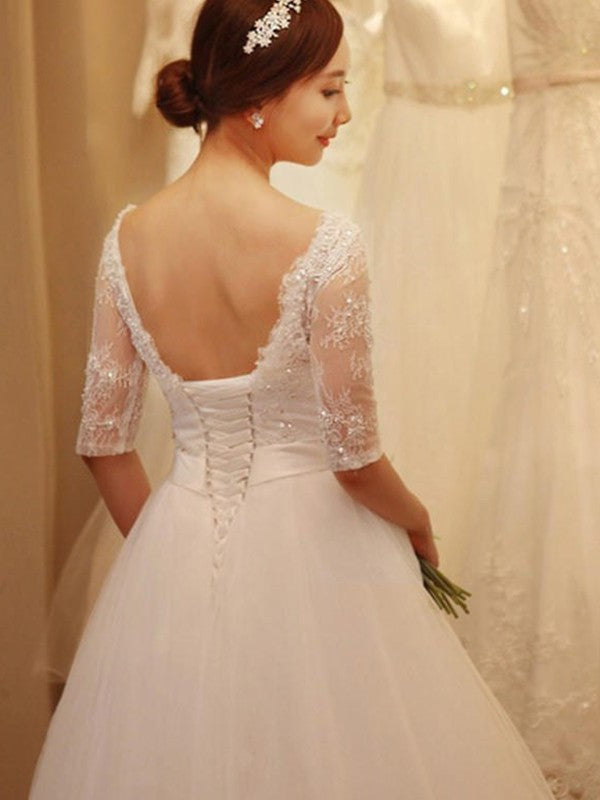 Ball Beading Tulle Chapel 1/2 Off-the-Shoulder Gown Sleeves Train Wedding Dresses