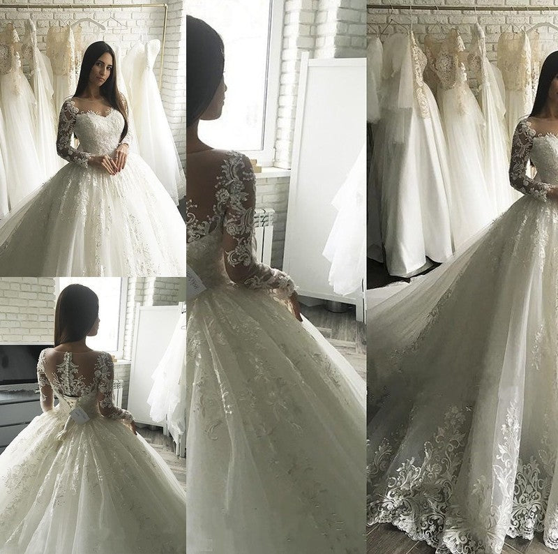 Long Sleeves Tulle Court Scoop Ball Applique Gown Train Wedding Dresses