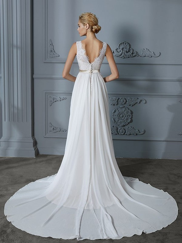 A-Line/Princess Chiffon Sleeveless V-neck Court Train Wedding Dresses