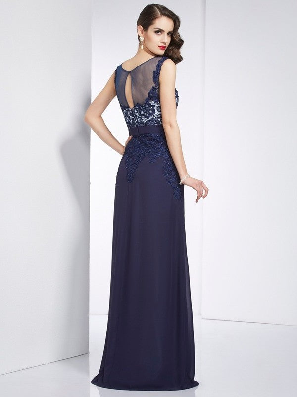 Sheath/Column Beading Applique V-neck Sleeveless Long Chiffon Dresses