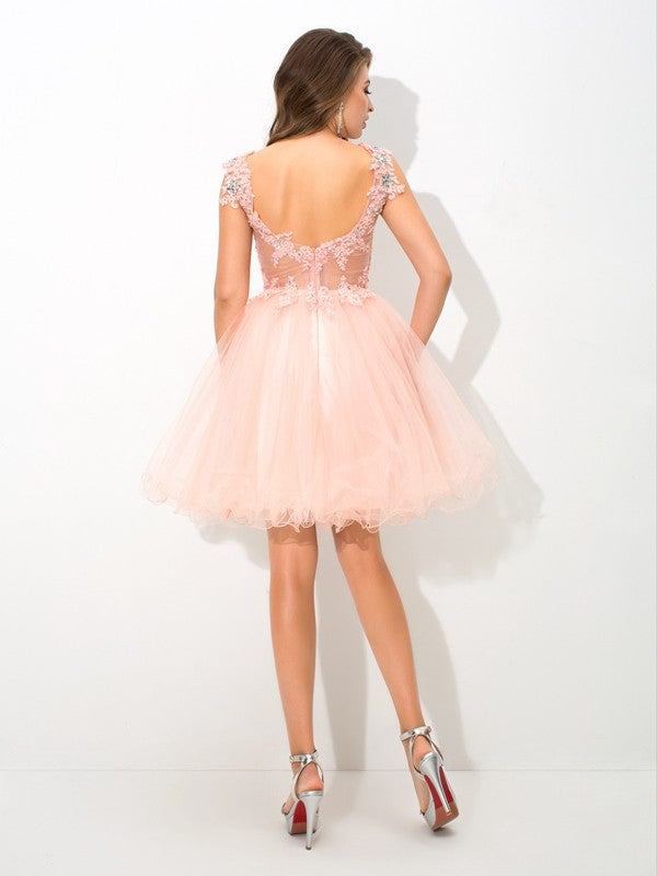 A-Line/Princess Sheer Satin Cocktail Homecoming Dresses Reagan Neck Beading Sleeveless Short Elastic Woven Dresses