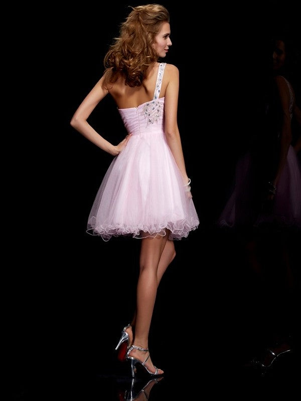 Elastic Short One-Shoulder Beading Sleeveless A-Line/Princess Woven Satin Homecoming Dresses