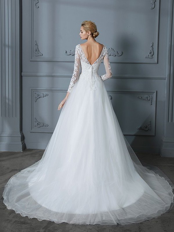 Ball V-neck Court Sleeves Long Train Lace Gown Tulle Wedding Dresses