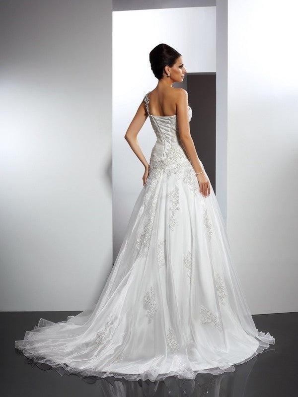 Applique One-Shoulder A-Line/Princess Long Sleeveless Satin Wedding Dresses