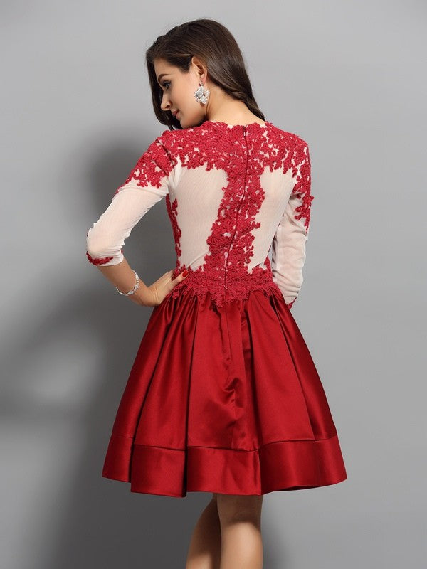 A-Line/Princess High Neck Applique 1/2 Homecoming Dresses Sleeves Leticia Short Satin Cocktail Dresses