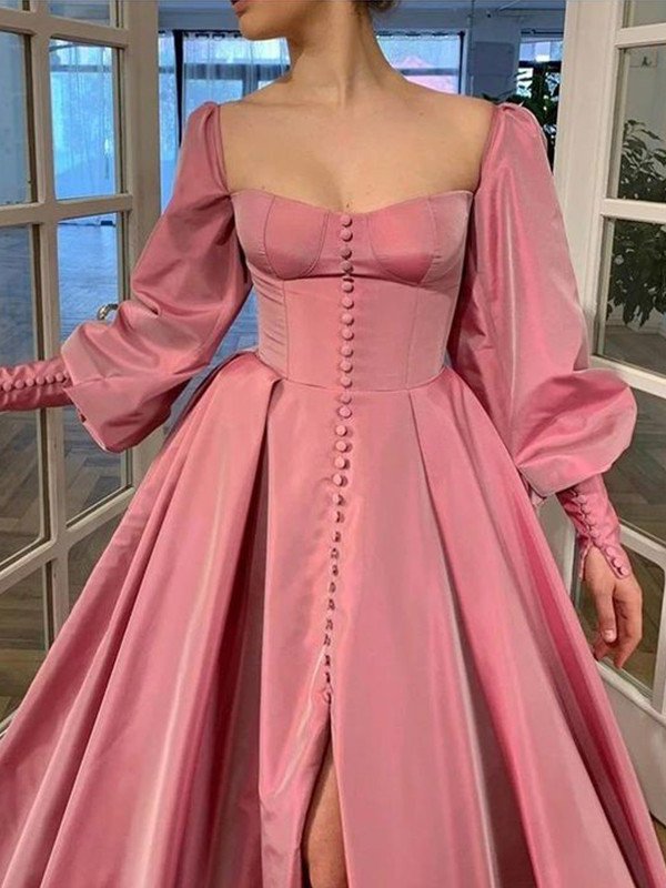 Ruffles Square Long A-Line/Princess Sleeves Satin Floor-Length Dresses