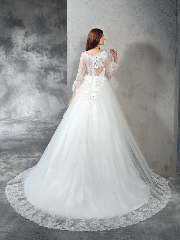 Long Neck Long Sheer Sleeves Gown Flower Hand-Made Ball Net Wedding Dresses