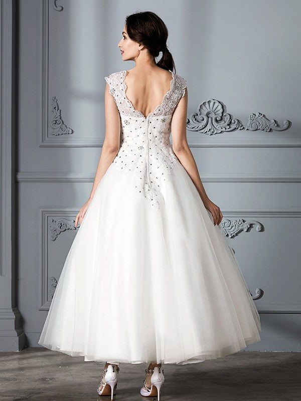 Gown Sleeveless Tea-Length Ball Scoop Tulle Wedding Dresses