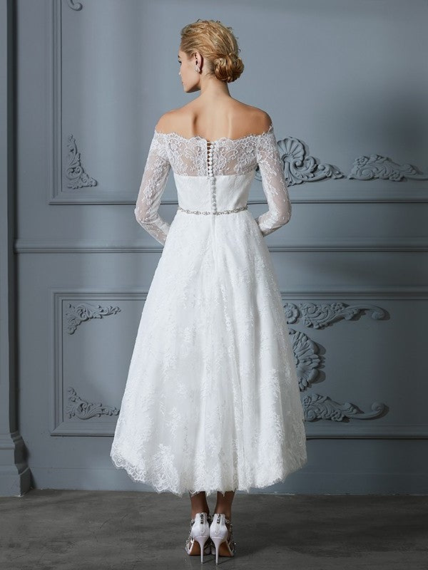 Sleeves Long A-Line/Princess Asymmetrical Off-the-Shoulder Lace Wedding Dresses