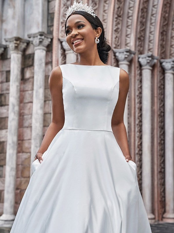 Sleeveless A-Line/Princess Bateau Satin Sweep/Brush Ruffles Train Wedding Dresses