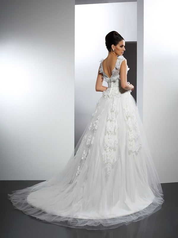 Lace Sleeveless A-Line/Princess Long Straps Satin Wedding Dresses