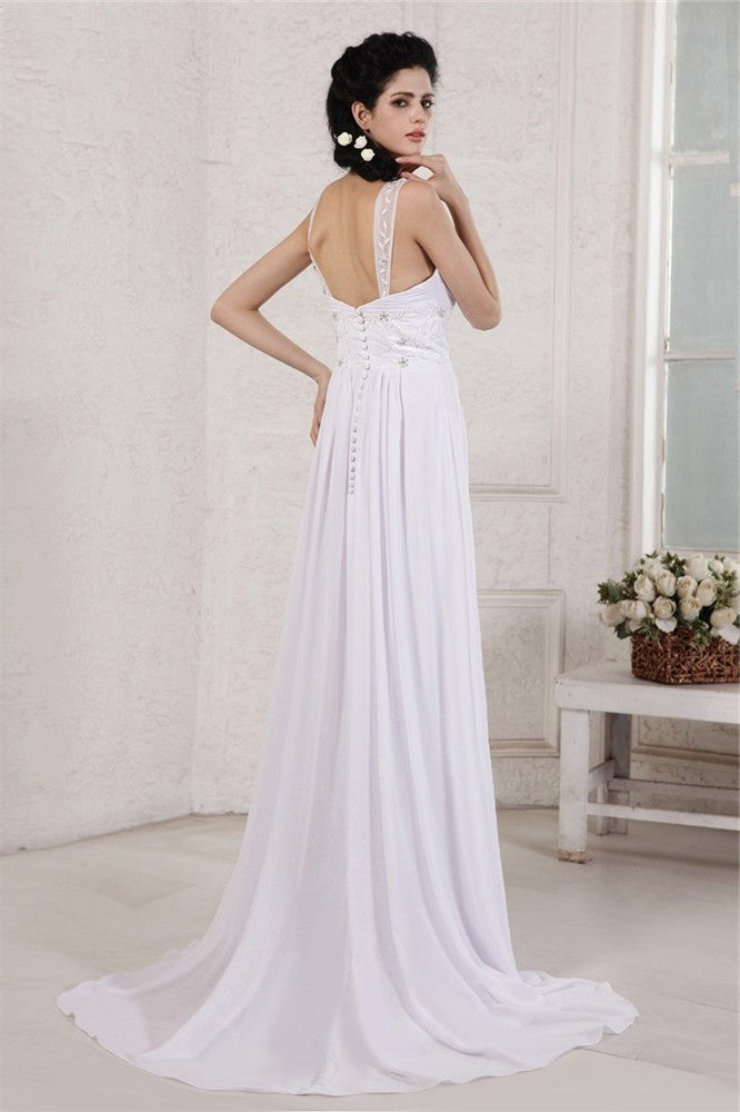 Applique Beading Strap Long Spaghetti Ruched Pleats Sheath/Column Chiffon Wedding Dresses