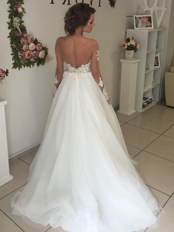 A-Line/Princess Long Tulle Off-the-Shoulder Sweep/Brush Train Sleeves Wedding Dresses