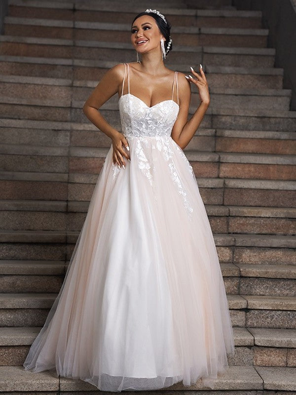 Sleeveless Tulle Applique A-Line/Princess Sweep/Brush Sweetheart Train Wedding Dresses