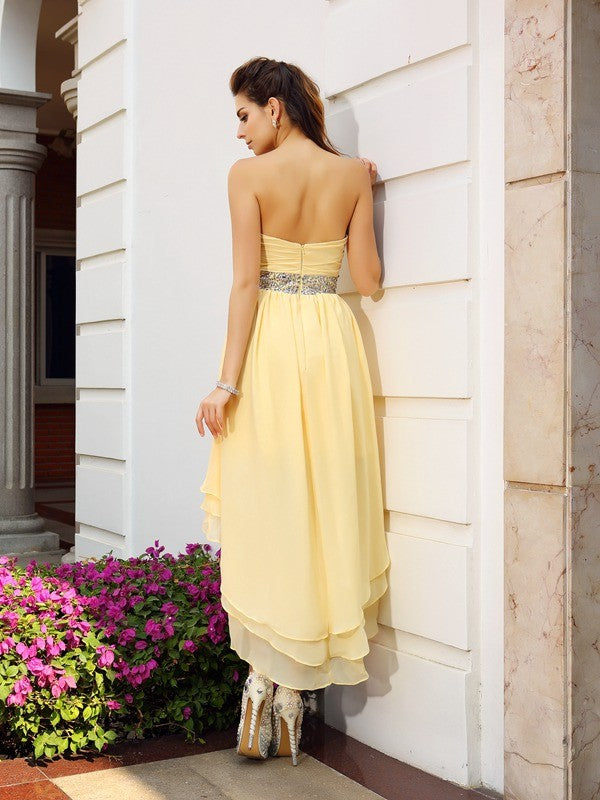 A-Line/Princess Strapless Beading Sleeveless Makayla High Low Homecoming Dresses Chiffon Cocktail Dresses