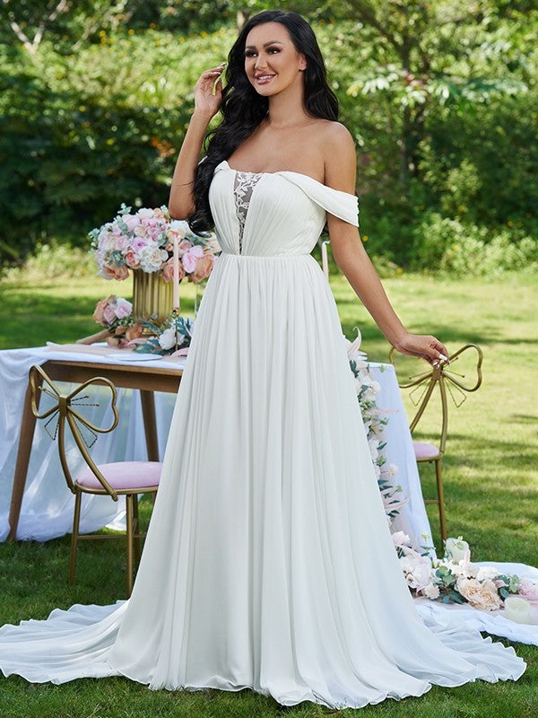 Sweep/Brush Ruffles Off-the-Shoulder A-Line/Princess Sleeveless Chiffon Train Wedding Dresses