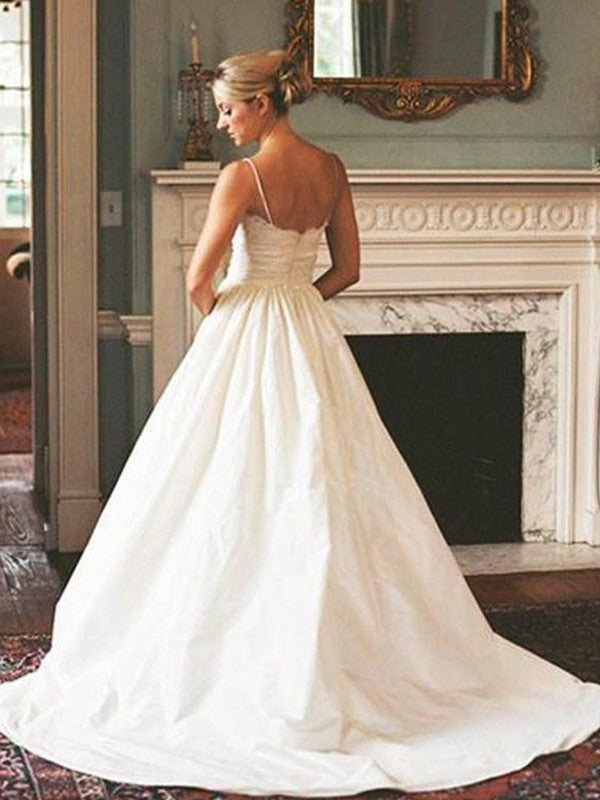 Satin V-neck Sweep/Brush Sleeveless Ruched A-Line/Princess Train Wedding Dresses