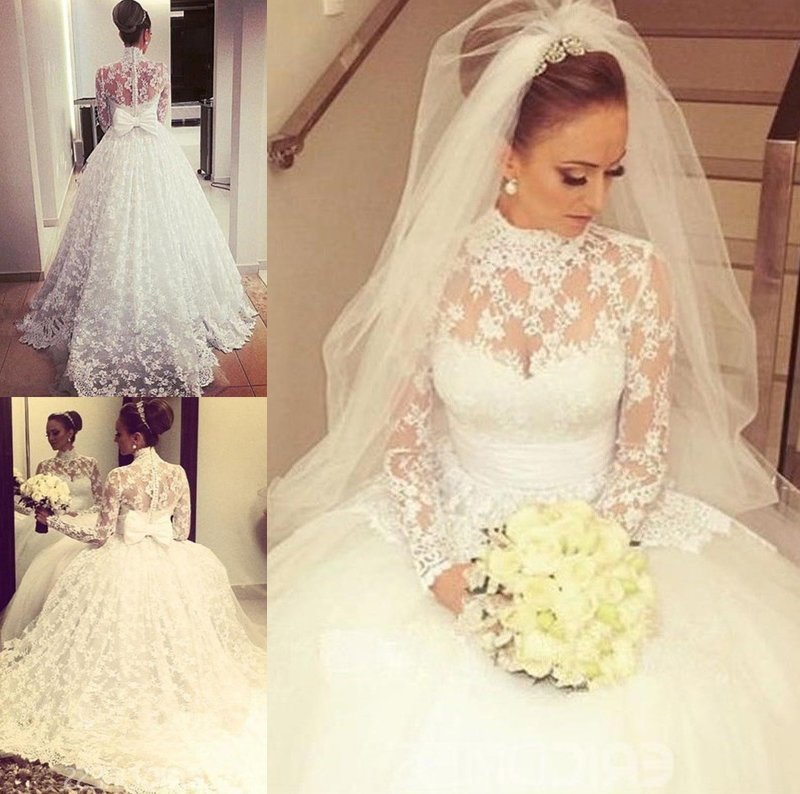 Neck Sash/Ribbon/Belt Ball Long Sweep/Brush Train Gown High Sleeves Lace Wedding Dresses