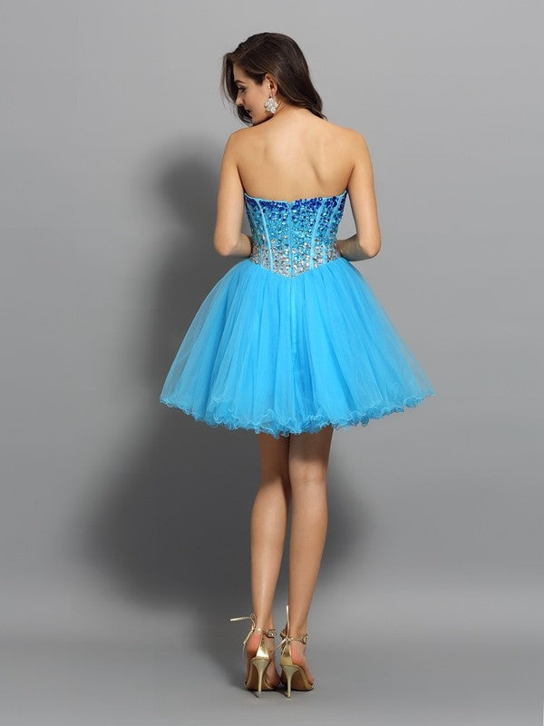 A-Line/Princess Sweetheart Ruffles Sleeveless Short Cocktail Bianca Homecoming Dresses Satin Dresses