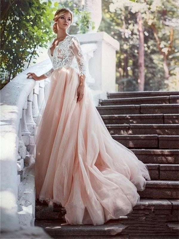 Train Sleeves Ball V-neck Long Applique Court Gown Tulle Wedding Dresses