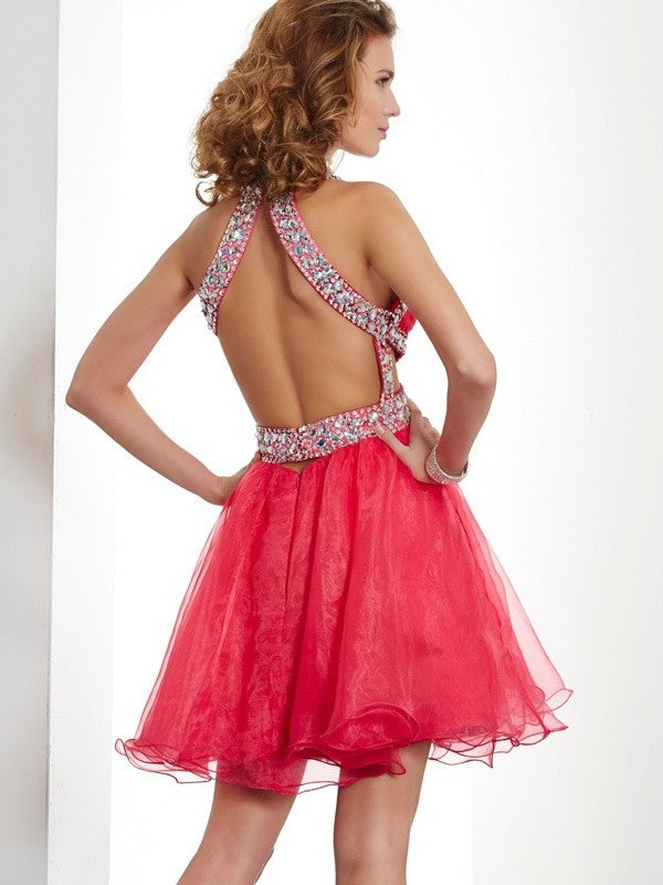 A-Line/Princess Short Halter Sleeveless Beading Organza Homecoming Dresses