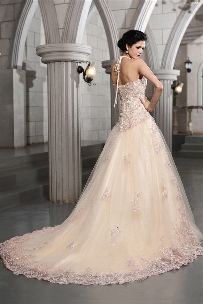 Beading Neck A-Line/Princess Long Sleeveless High Applique Net Wedding Dresses