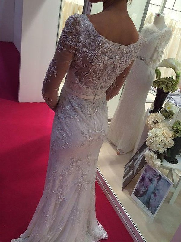 Lace Sheath/Column Long Chiffon Sweep/Brush Sleeves Scoop Train Wedding Dresses