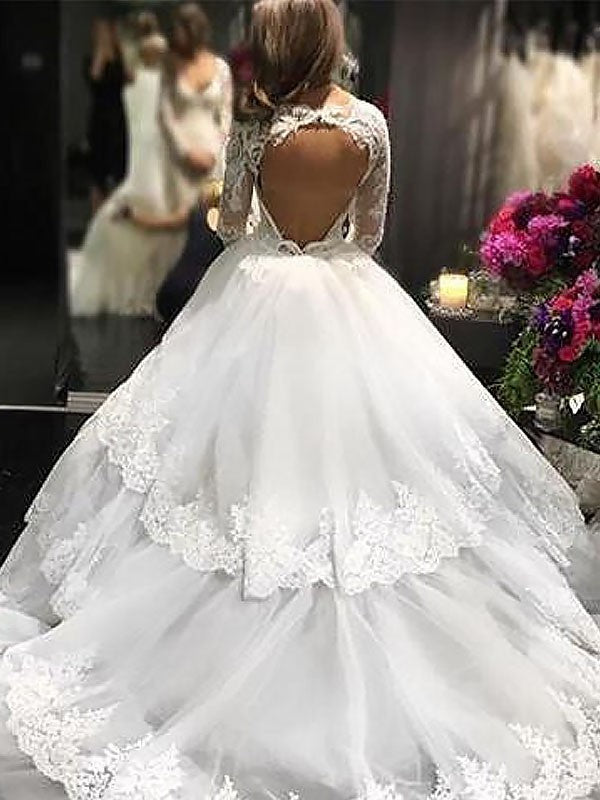 V-neck Lace Long Ball Gown Court Tulle Sleeves Train Wedding Dresses