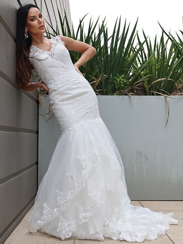 Trumpet/Mermaid Tulle Sweep/Brush Lace V-neck Sleeveless Train Wedding Dresses