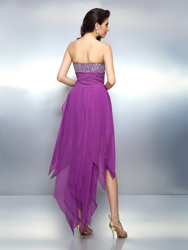 A-Line/Princess Strapless Beading Sleeveless Eileen Homecoming Dresses High Low Chiffon Cocktail Dresses