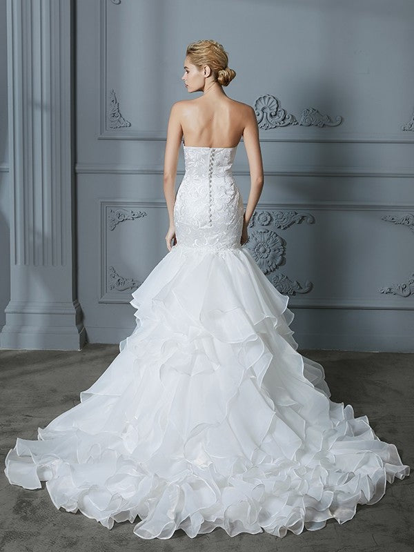 Sweep/Brush Train Ruffles Sweetheart Sleeveless Trumpet/Mermaid Organza Wedding Dresses