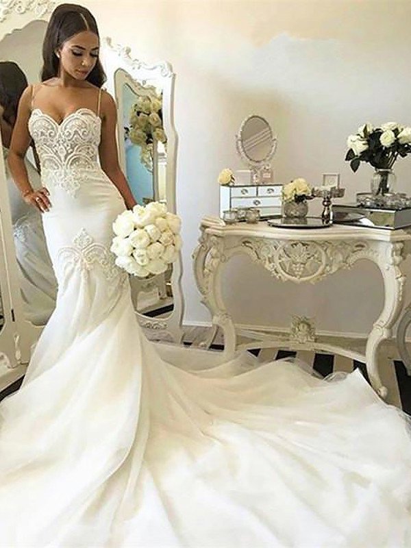 Trumpet/Mermaid Straps Train Sleeveless Chapel Spaghetti Tulle Wedding Dresses