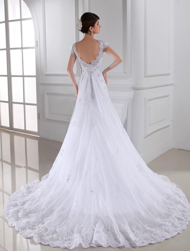 A-Line/Princess Sleeveless Long V-neck Beading Organza Wedding Dresses