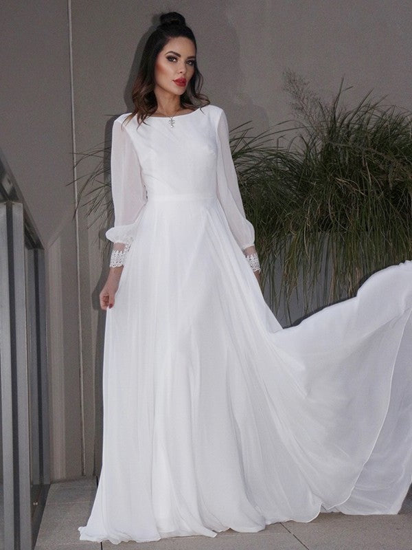 Long Chiffon Sweep/Brush A-Line/Princess Sleeves Scoop Ruffles Train Wedding Dresses