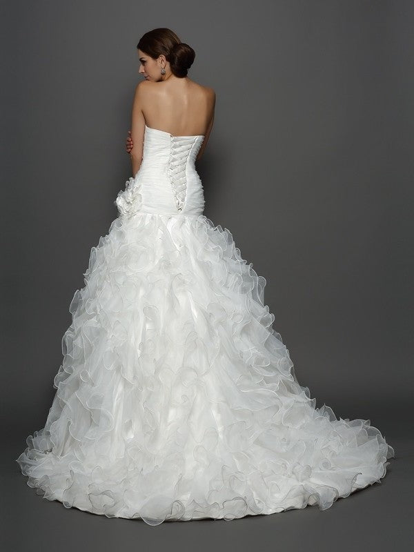 Hand-Made Ball Sleeveless Long Flower Gown Strapless Organza Wedding Dresses