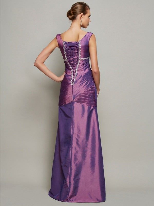 Sheath/Column V-neck Sleeveless Beading Long Taffeta Dresses