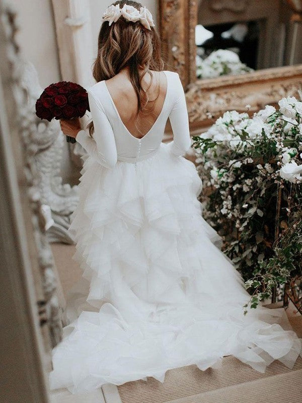 Sleeves Long Sweep/Brush Tulle A-Line/Princess Scoop Ruffles Train Wedding Dresses