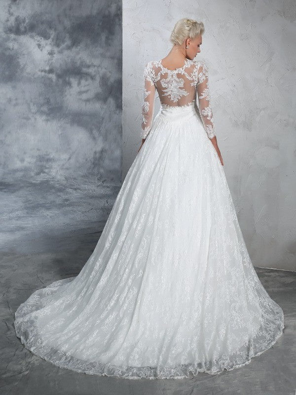 Ball Gown Lace Long Jewel Sleeves Long Lace Wedding Dresses