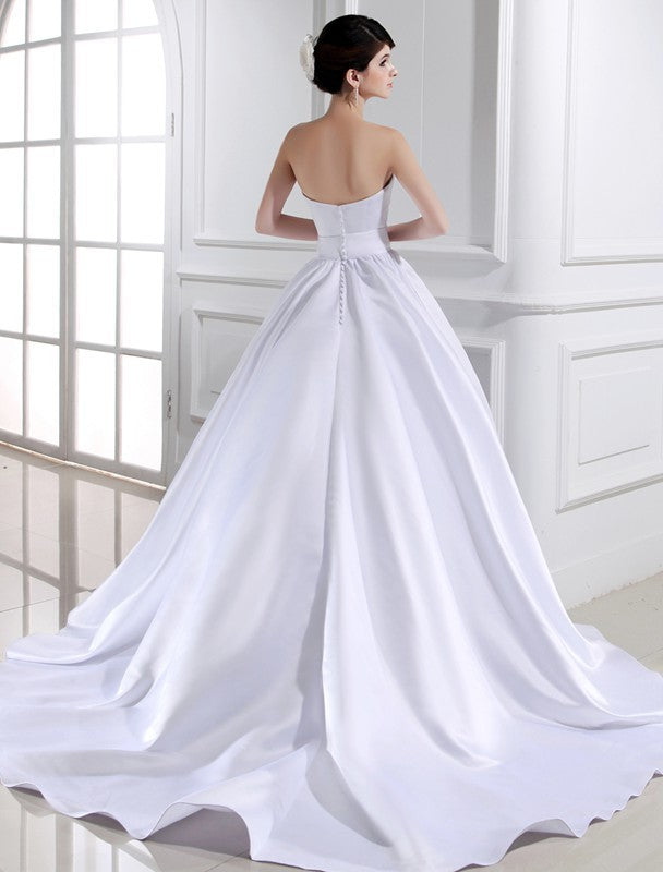 Sleeveless Strapless Ball Long Gown Beading Satin Wedding Dresses