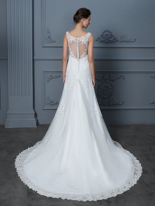 Lace Court Trumpet/Mermaid Sleeveless V-neck Train Tulle Wedding Dresses