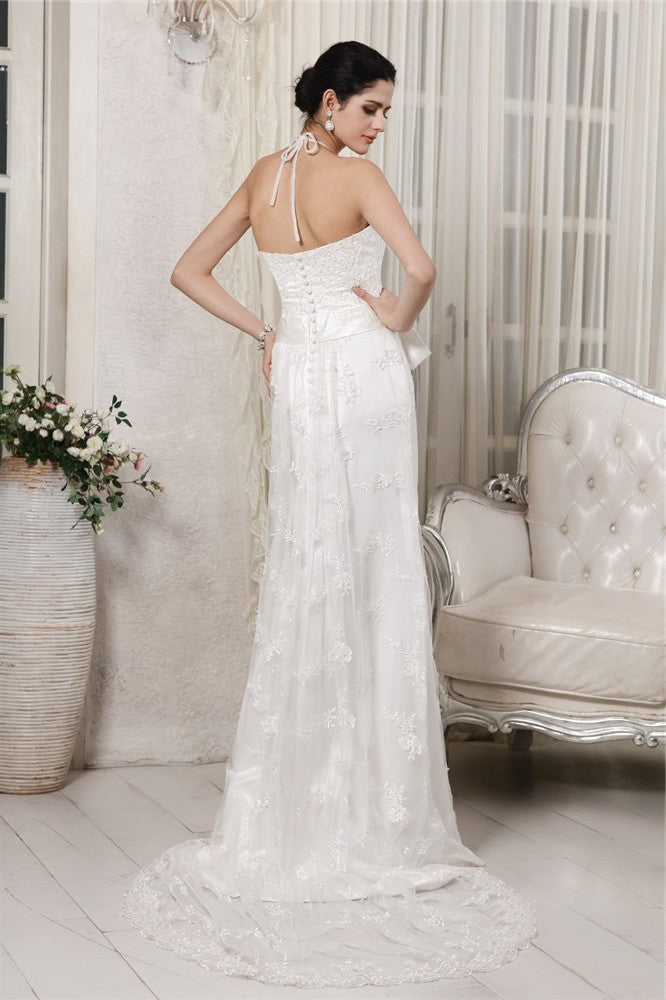 Sheath/Column Long Lace Sleeveless Applique V-neck Net Wedding Dresses