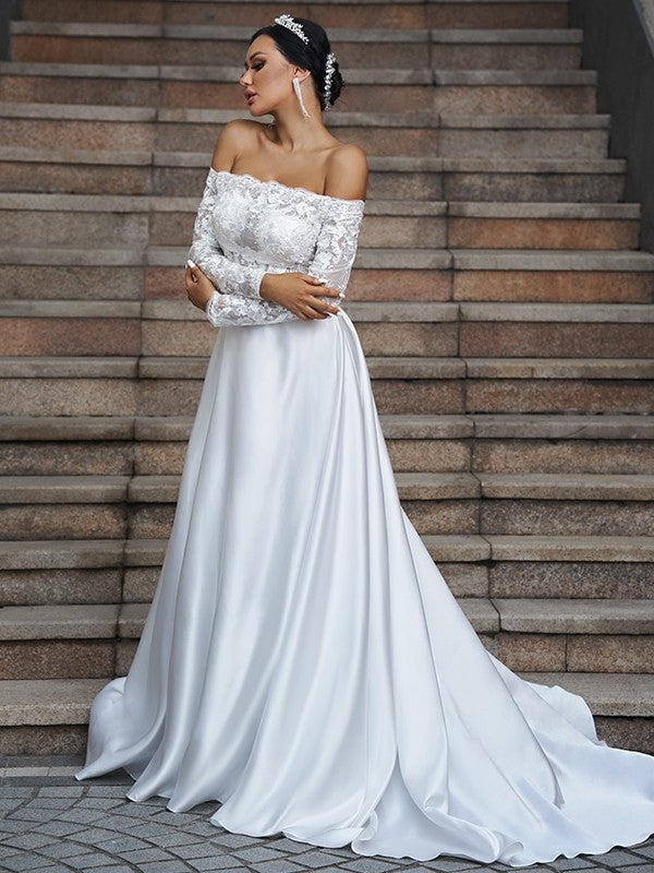 Long Satin Lace Sweep/Brush A-Line/Princess Off-the-Shoulder Sleeves Train Wedding Dresses