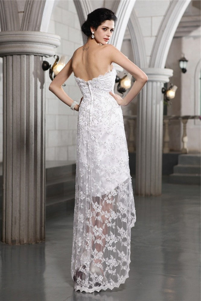 Sleeveless Low High Strapless Beading Sheath/Column Lace Wedding Dresses