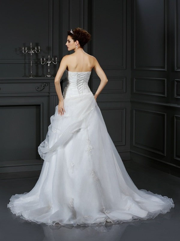 Sleeveless Ball Long Beading Gown Sweetheart Organza Wedding Dresses