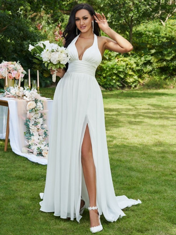 Halter Sleeveless Sweep/Brush Chiffon Ruffles A-Line/Princess Train Wedding Dresses