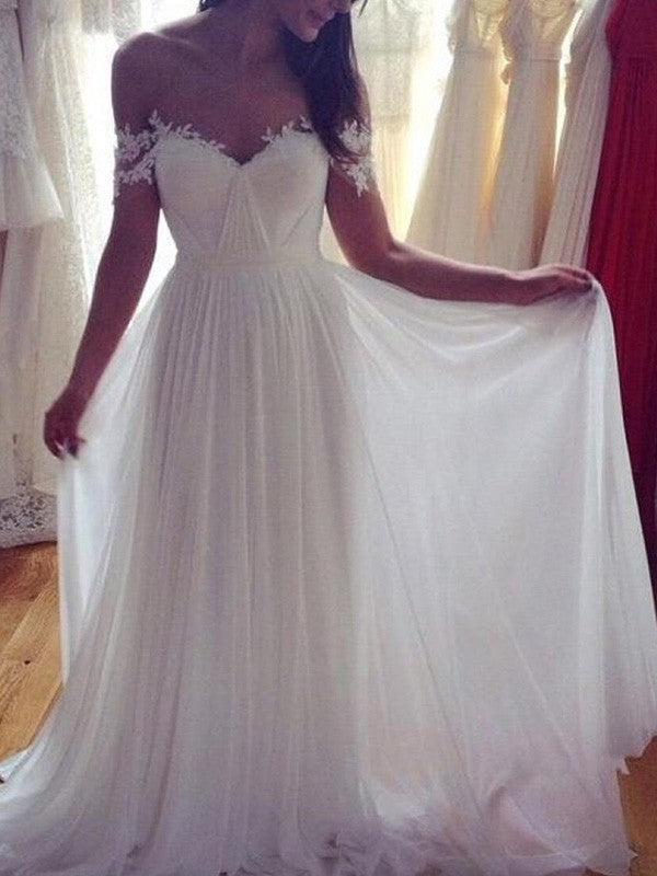 Off-the-Shoulder Lace Applique Sweep/Brush Sleeveless Train A-Line/Princess Chiffon Wedding Dresses