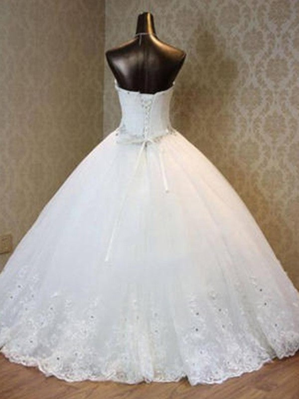 Gown Tulle Ball Sweetheart Sleeveless Beading Floor-Length Wedding Dresses