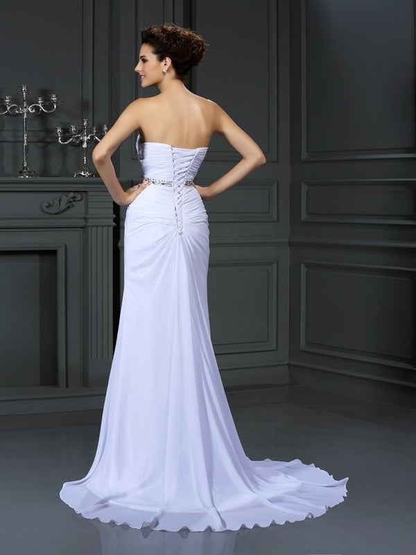 Sheath/Column Long Sweetheart Sleeveless Beading Chiffon Wedding Dresses