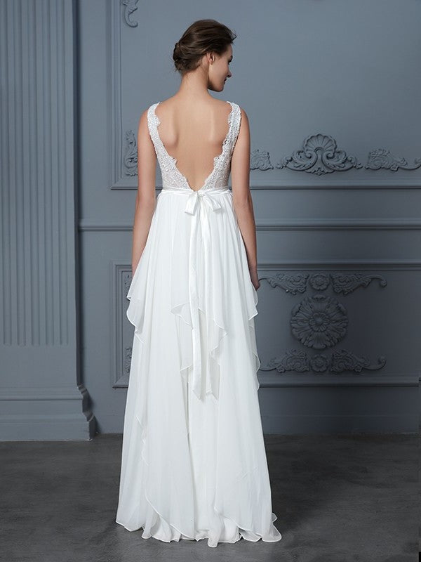 Ruffles Sleeveless A-Line/Princess Scoop Floor-Length Chiffon Wedding Dresses