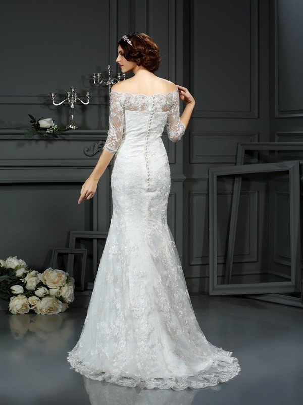 Lace Long Sheath/Column Sleeves 1/2 Off-the-Shoulder Lace Wedding Dresses